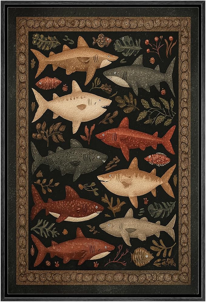 MUDECOR Framed Canvas Print Wall Art Vintage Folk Style Shark Pattern Illustrations Minimalism Decorative Bohemian Colorful Zen for Living Room, Bedroom, Office - 24"x36" NATURAL