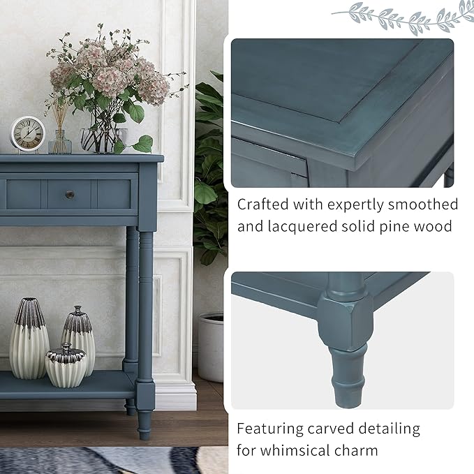 SOFTSEA 35.43” Antique Entry Console Table with Drawers & Bottom Open Shelf, Rustic Entryway Table with Storage, Save Space, Solid Wood Sofa Couch Table for Entryway, Navy