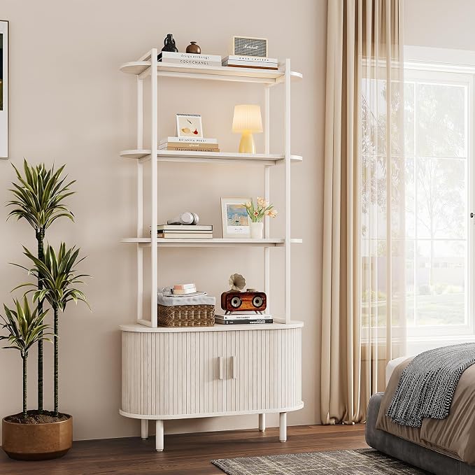 4 Tier Tall Bookshelf with Cabinet, Fluted Bookcase with Sliding Door, Metal and Wood Display Shelf, Free Standing Storage Shelving Unit, Corner Storage Organizer for Living Room, Home Office, White