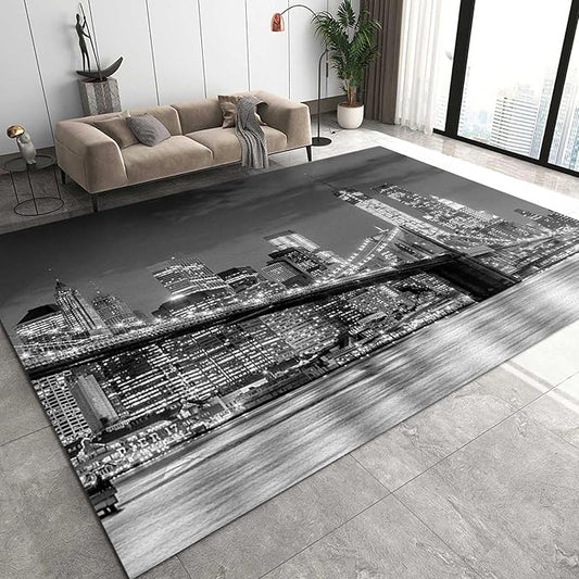 5x6 Area Rugs Gray City Nightscene Decorative Rug, City Building Night View Easy Clean Carpet with Anti-Slip Backing for Bedroom Living Room Dining Room Office