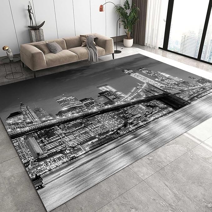 2x3 Area Rug Gray City Nightscene Decorative Rug, City Building Night View Easy Clean Carpet with Anti-Slip Backing for Bedroom Living Room Dining Room Office