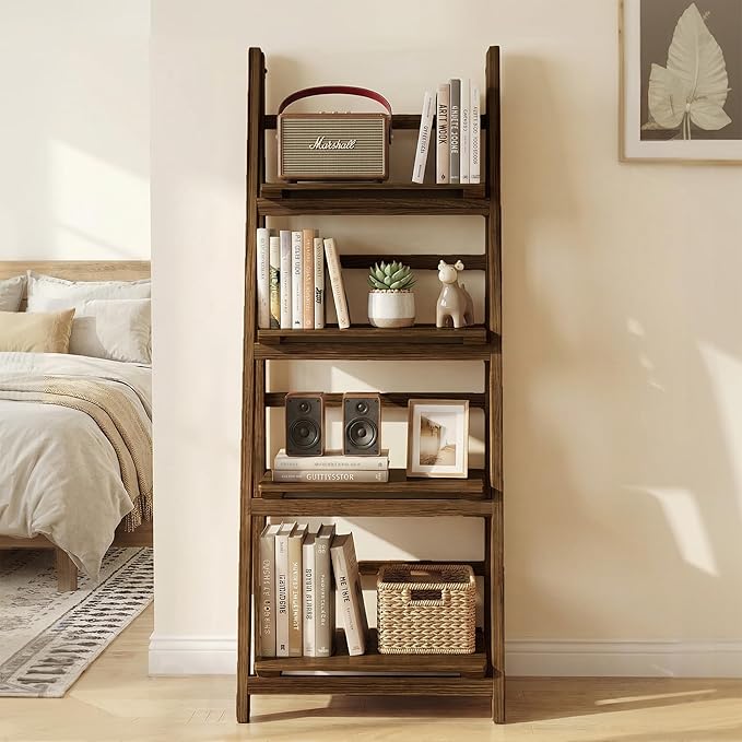 Ladder Shelves - Folding Wooden Ladder Bookshelf, 4-Tier Retro Plant Stand Storage Shelves for Home Living Room, Brown
