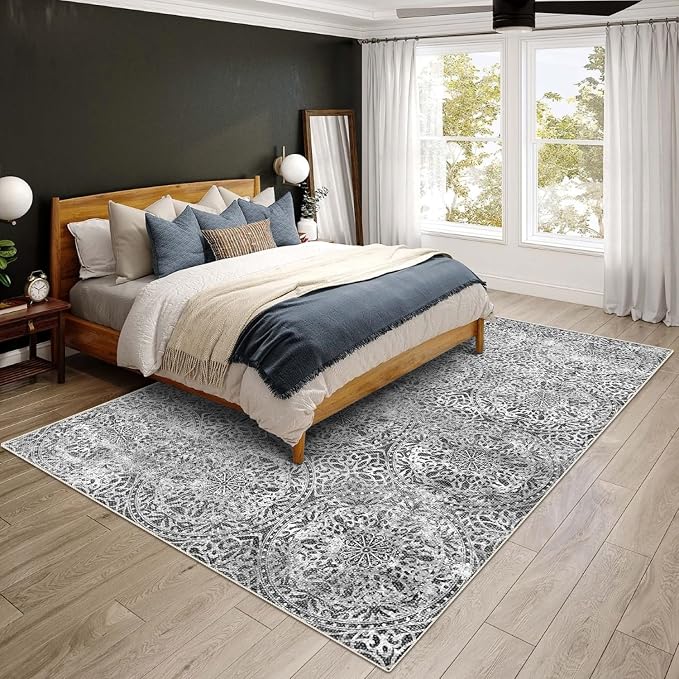 vivorug 6x9 Area Rugs, Ultra-Soft Washable Rug for Living Room Dinner Room Bedroom, Non-Slip Vintage Rug, Indoor Carpet Large Area Rug, Grey