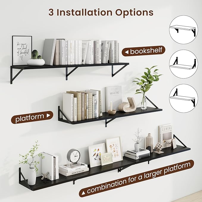 Axeman 48 Inch Floating Shelves | 10 Inch Deep Black Wall Shelves Set of 2 | 48" W x 10" D Black Wood Floating Shelves for Living Room Bathroom Kitchen