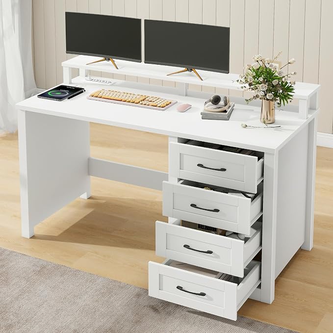 Vabches 47" Farmhouse Executive Desk with Monitor Stand and LED Lights,4 Drawers Computer Desk with Power Outlets,Large Workspace for Work Study Writing.(White)