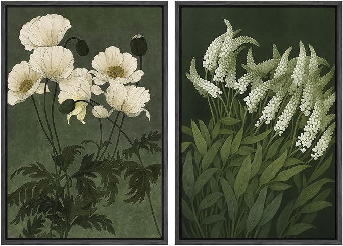 IDEA4WALL Framed Canvas Print Wall Art Set White Bloom Botanical Elegant Green and Cream Floral Illustrations Modern Art Decorative Calm/Zen for Living Room, Bedroom, Office - 24"x36"x2 Black