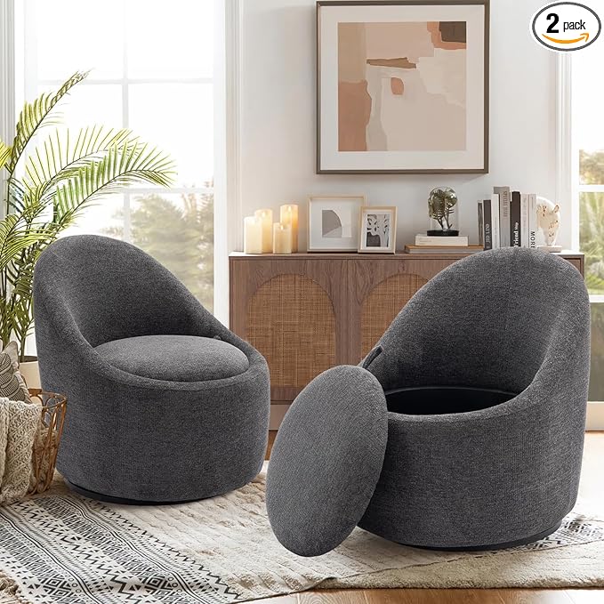 COLAMY Swivel Accent Chair Set of 2, 360° Swivel Chair with Hidden Storage, Modern Small Barrel Swivel Armchair for Living Room/Bedroom, Dark Grey