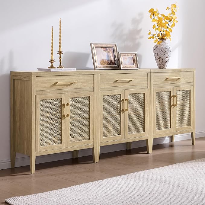 SICOTAS Sideboard Buffet Cabinet with Drawers - Credenza Storage Cabinet with Adjustable Shelves, Farmhouse Sideboards Coffee Bar Console Cabinets for Kitchen Living Room Entryway, Light Walnut, 2 PCS