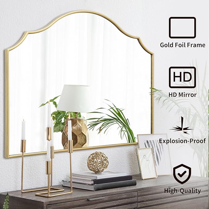 Besdomus Gold Scalloped Wall Mirror: 40"x29" Large Modern Minimalist Bathroom Mirror - Decorative Vanity Arched for Dresser/Entryway/Fireplace/Mantle/Living Room - Home Decor for Housewife