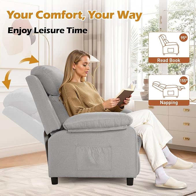 Korser Recliner Chair, Living Room Chairs for Adults, Padded Deep Seat Reading Chair with Side Pockets, Small Recliners for Small Spaces, Lounge Chair for Living Room, Bedroom, and RV (Linen)
