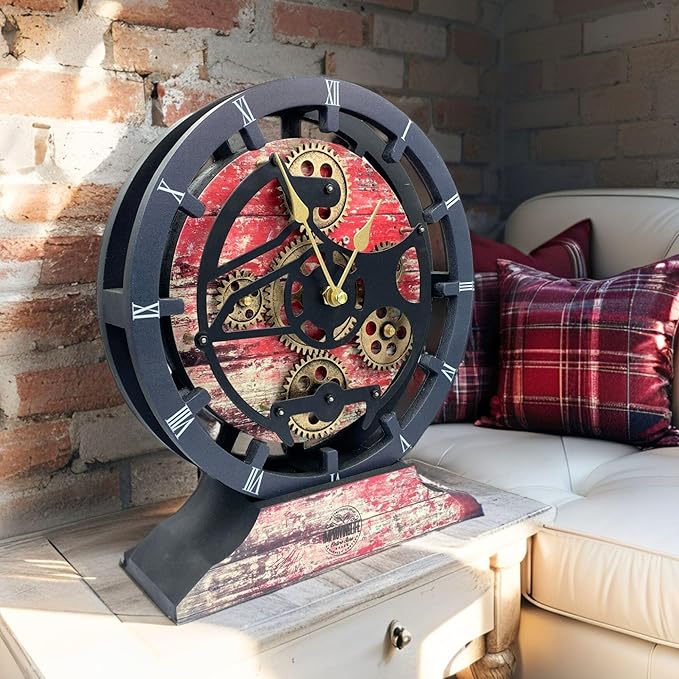 ImprovingLife The Gears Clock Desk Clock 10 inches with Real Moving Gears Convertible into Wall Clock (Red Lava)