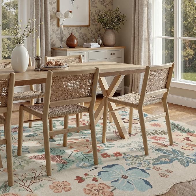 DCX Beige Floral Rug 8x10, Washable Beige Rug for Living Room, Kid & Pet Friendly with Rubber Back Non Slip, Soft Low Pile Carpet, Stain Resistant Rug for Bedroom, Nursery, Dining Room