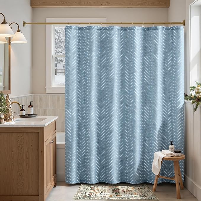 jinchan Blue Shower Curtain with White Herringbone Striped Zig Zag Chevron Waterproof Fabric Modern Farmhouse Shower Curtains for Bathroom with 12 Hooks 70x72 Inches