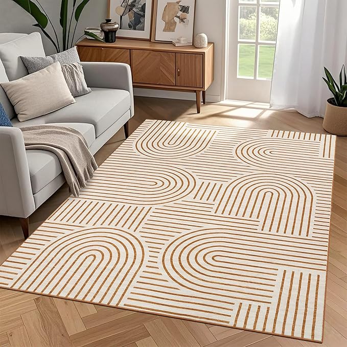 Washable Rug 3x5 Area Rugs for Living Room, Abstract Rug for Bedroom, Soft Rainbow Non Slip Throw Rugs with Rubber Back, Low Pile Stain Resistant Boho Geometric Carpet for Dining Room, Orange