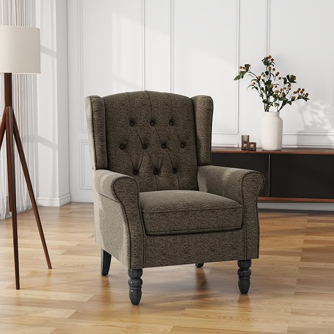 High Back Accent Chairs Set of 2, Upholstered Armchair Wingback Arm Chair for Living Room, Comfy Single Sofa Solid Wood Legs Bedroom Reading Seat - Taupe Tan