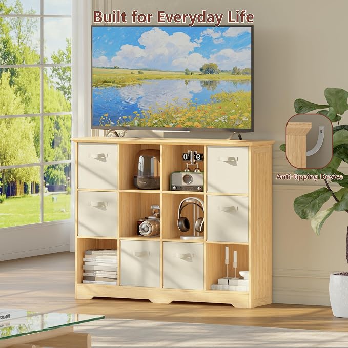 VORONOI 12 Cube Storage Organizer with 6 Fabric Drawers and Removable Shelves — Modular Cube Bookshelf for Bedroom, Living Room, or Home Office, Short Cube Bookcase for Toys, Decor,Natural Wood