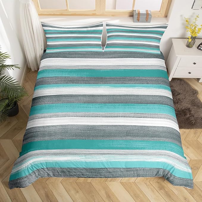 Erosebridal Grey White Teal Bedding Sets Twin Abstract Art Comforter Cover, Geometric Stripe Bed Set Grunge Aesthetic Duvet Cover, Boho Hippie Modern Quilt Cover 2pcs with 1 Pillow Case