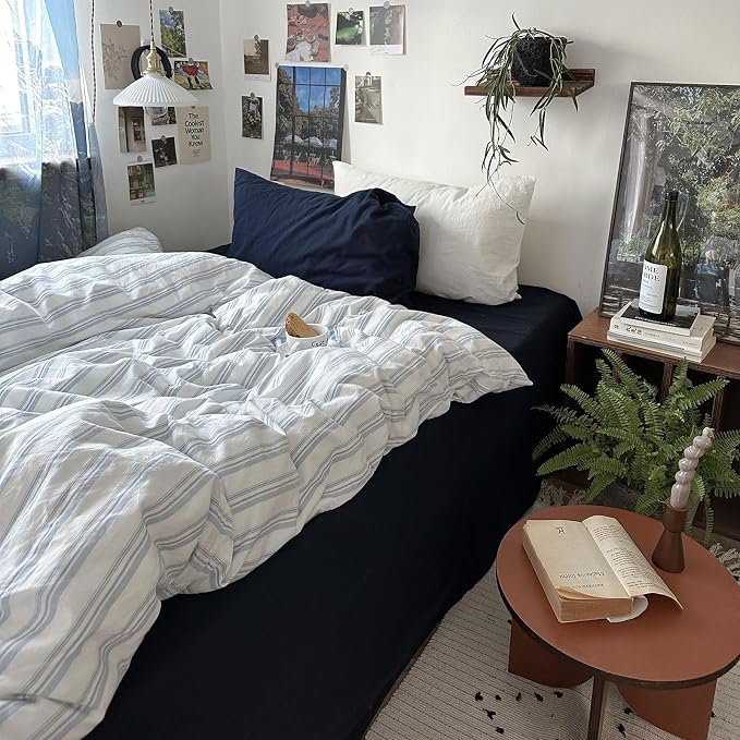 mixinni Vintage Blue & White Striped Duvet Cover Set - 3 Piece 100% Washed Cotton Queen Size Bedding | Minimalist Relaxed Style | Ultra Soft Breathable, with Zipper Closure & Corner Ties-Queen Size