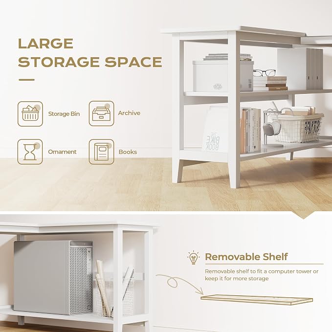 IOTXY Reversible L-Shaped Office Desk - 53" Modern Corner Computer Table with Storage Shelves, Solid Wood Legs, Home Writing & Study Workstation, White