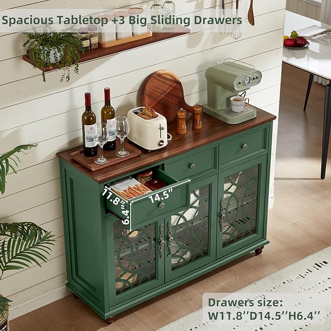 Large Sideboard Buffet Cabinet with Storage,48" Credenza with 3 Glass Doors & 3 Drawers,Adjustable Shelves Coffee Bar,Wood Kitchen Console Table for Dining Room,Living Room,Green