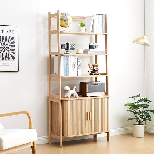 4-Tier Bookshelf, Tall Bookcase with Open Shelf and Sliding Door, 70” Freestanding Storage Organizer Display Cabinet for Living Room, Home Office (Natural)