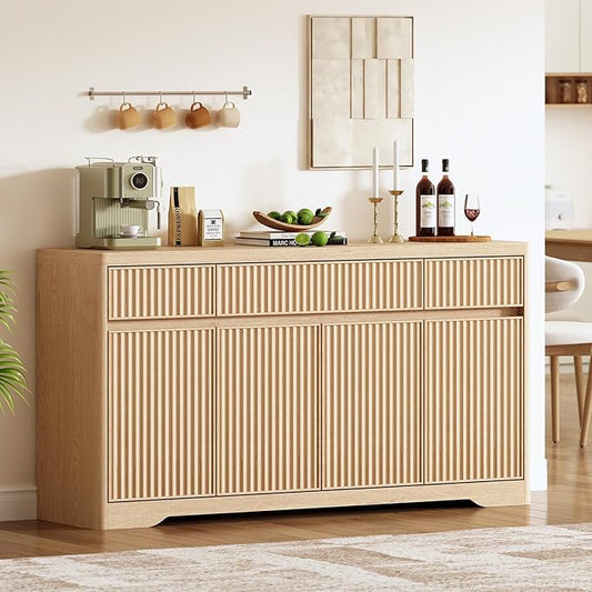 Fluted Buffet Cabinet with Storage, Modern Sideboard Credenza with 3 Drawers, 4 Doors & Adjustable Shelves, Wood Kitchen Storage Coffee Bar Cabinet for Dining Room, Living Room, Natural Oak