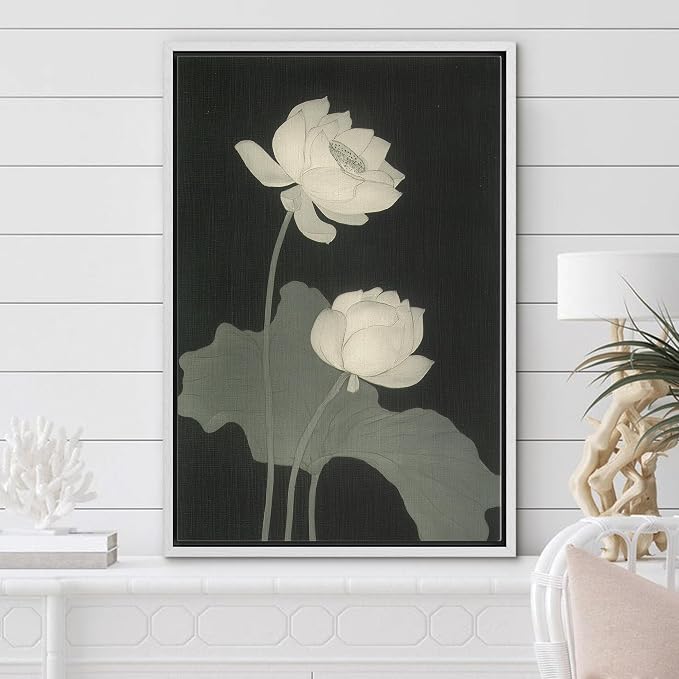 Woodrose Framed Canvas Print Wall Art Monochrome Lotus Blossoms Elegant Nature Illustrations Modern Art Minimalist 3D Colorful Ultra for Living Room, Bedroom, Office - 24"x36" WHITE