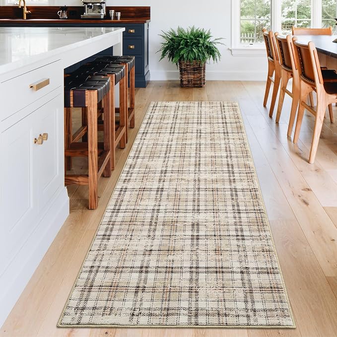 Washable Runner Rug 2x8 Modern Entryway Rug Tartan Plaid Non Slip Kitchen Rugs Farmhouse Bedroom Area Rug Hallway Runners Soft Bathroom Rugs Stain Resistant Carpet 2'x8' Green/Beige