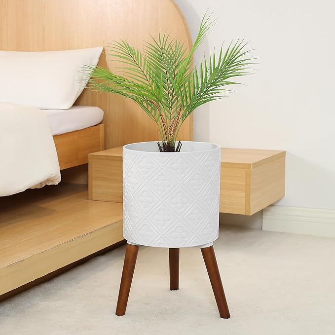 10 Inch Plant Pot with Stand, Planter for Indoor Plants, Modern Large Flower Planter Pot with Drainage Holes for Outdoor, Matte White