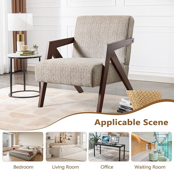 Bonzy Home Mid-Century Modern Accent Chair Set of 2 with Wood Frame, Upholstered Armchair for Bedroom & Living Room, Linen Fabric Cushion, Z-Shaped Armrest Design, Sturdy Lounge Chair