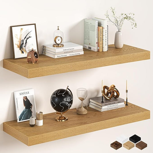 40Inch Oak Floating Shelves for Wall, 12 Inch Deep Shelves for Bedroom, Kitchen, Bathroom Wall Mounted, Rustic Wood Floating Shelf with Invisible Brackets for Books, Storage, Decor, 2 Packs