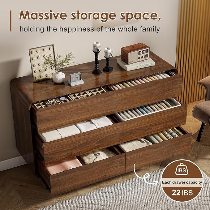 Mid Century Modern Dresser for Bedroom, 47'' Wide Dressers & Chests of Drawers with 6 Storage Drawers, Dark Walnut Dresser Wood TV Stand for Living Room, Closet