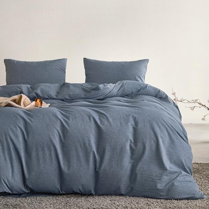 Wake In Cloud - Cotton Duvet Cover Set, 100% Washed Cotton, Linen Like Textured, Breathable Durable Comfy Farmhouse Neutral Bedding Set, 3 Pieces, Denim Blue, Queen Size