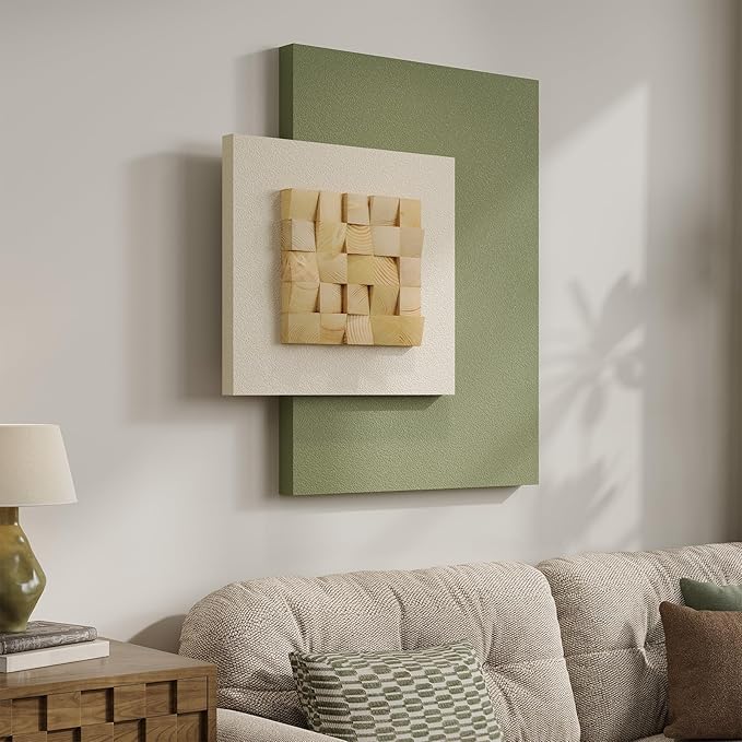 Large 3D Wood Wall Art for Living Room, Abstract Minimalist Geometric Wooden Blocks Artwork for Walls, Modern Sage Green Neutral Textured Paintings Wall Decor for Bedroom Dining Room Hallway Home Office