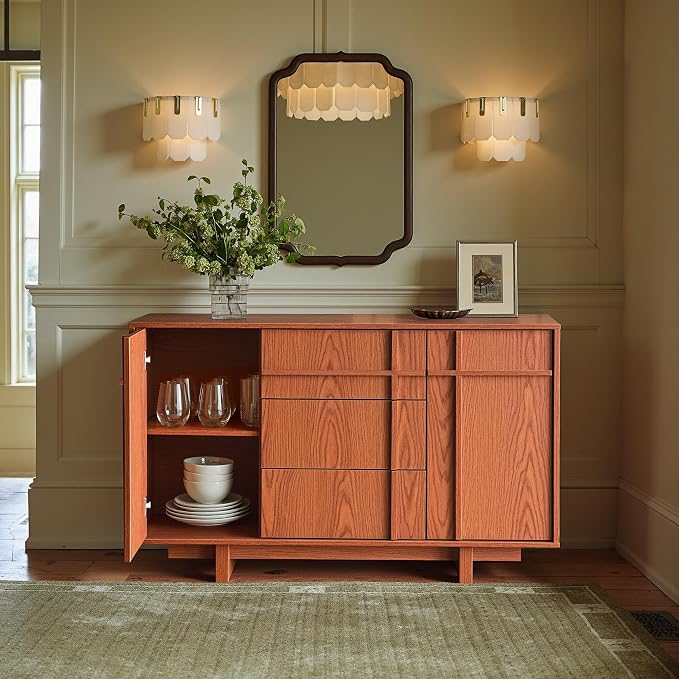Sideboard Buffet Cabinet with Storage, 47.2" Large Sideboard with 2 Doors&3 Drawers, Mid Century Modern Credenza with Skeleton line&Wood Grain for Living Room, Kitchen and Entryway, Cherry