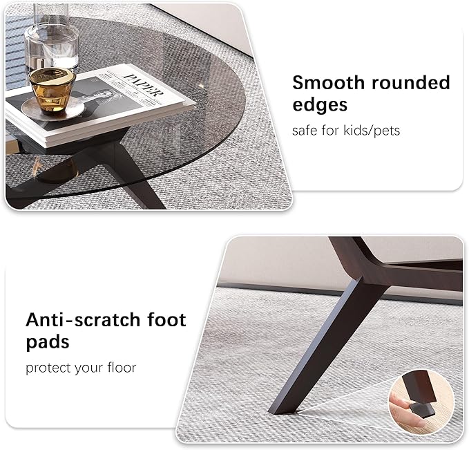 Glass Coffee Table - Round Coffee Table with Clear Tempered Glass Top, Modern Low Minimalist Center Table, Sturdy Solid Wood Coffee Table for Living Room Home Office, Walnut