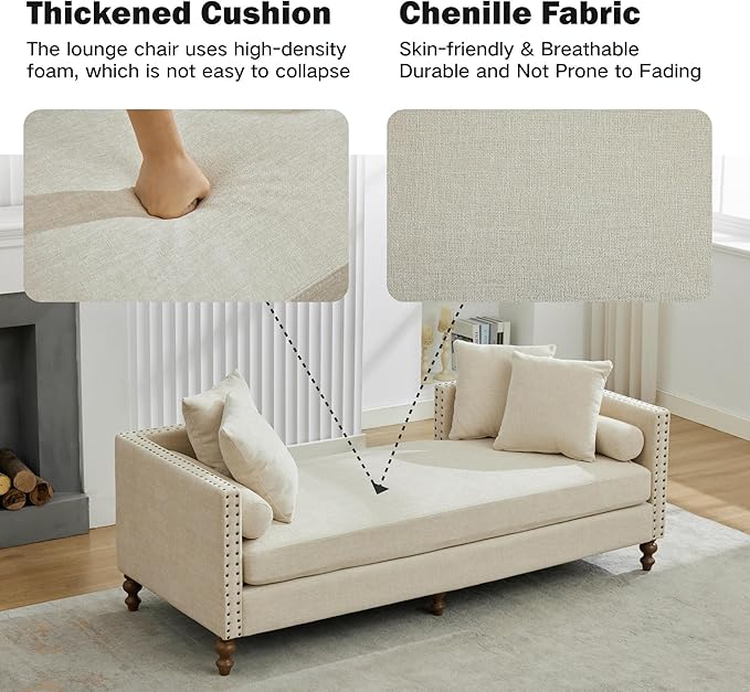 Chifee & Vingol 75.2" W Retro Oversized Chaise Lounge Chair Indoor with Left & Right Armrest,6 Pillows,Solid Wood Legs,Beige