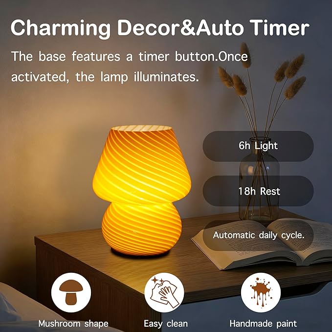 Battery Operated Mushroom Lamp-Vintage Small Table Lamps with Timer, Cordless Battery Powered Bedside Lamp for Bookshelf/Bedroom/Kitchen/Living Room/Shelf/Entryway Decor Aesthetic,Orange