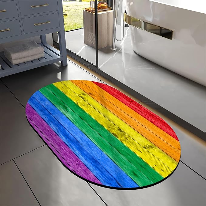 Oval Bath Mat Colorful Rainbow Wood Wall Diatomaceous Mud Mats with Rubber Backing Ultra Soft Washable 23.6"×15.7" Quick Dry Thin Bath Rugs for Bathroom Floor Bathtub Vanity Easy Care
