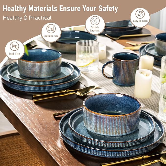 GBHOME 12-Piece Stoneware Dinnerware Set for 4 – Ribbed Ceramic Plates and Bowls, Scratch-Resistant, Microwave & Dishwasher Safe, Reactive Glaze, Ceylon Blue