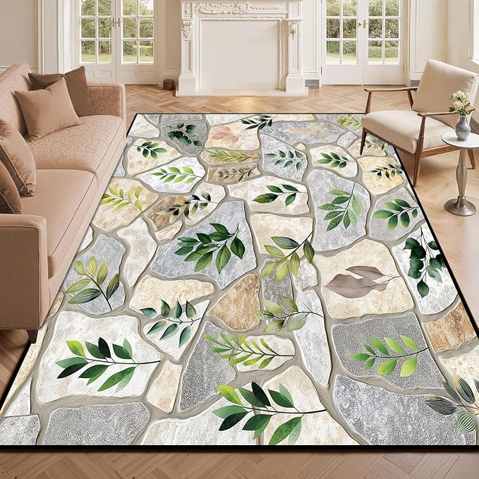 5'x7' Optical Illusion Rug 3D Stone Floor Mat Green Leaf Botanical Area Rug Rustic Nature Washable Carpet for Bedroom Living Room Kitchen Nursery Playroom Home Decor