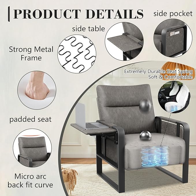 Upholstered Living Room Chair Armchair, Mid Century Faux Leather Metal Accent Chair, Reception Couch Office Guest Chair Slipper Club Lounge Single Sofa with Sidetable for Bedroom-Grey