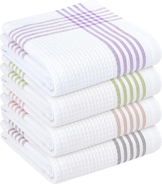 Waffle White & Multi Colors Kitchen Towels 4 Pack, 100% Cotton, 16x26 inches, Quick Dry Dishcloths, Ideal Dish Towel for Drying, Wiping - Lavender, Lemon Green, Beige, Light Grey