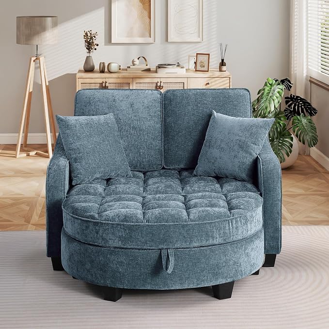 Oversized Chaise Lounge Chair Indoor with Ottoman, Chenille Tufted Comfy Loveseat Sofa Chair with Adjustable Backrest, Fluffy Recliner Sofa, Convertible Sleeper Couch Bed for Living Room(51"W, Blue)