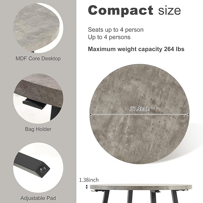 NORDICANA 4-Person Round Dining Table Set, 5 Piece 37.4 Dia Grey Kitchen Table with Dining Chairs, Dark Gray Faux Leather