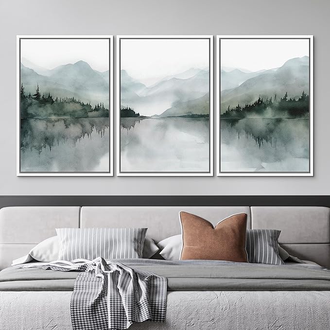 MUDECOR Framed Wall Art Print Set Misty Mountain Lake Watercolor Serene Illustrations Modern Art Boho Decorative Colorful Chic for Living Room, Bedroom, Office - 16"x24"x3 White