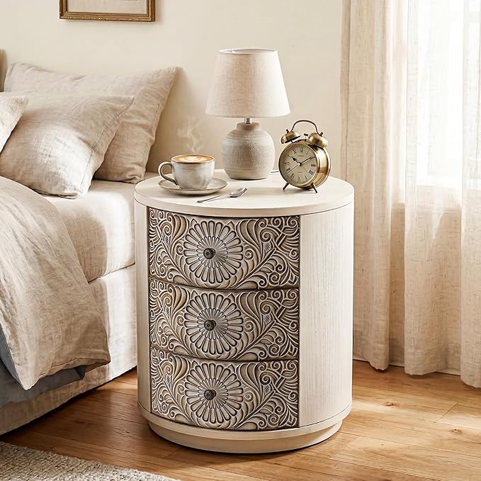 HOMPUS Round End Table Set 2, Fully Assembled Nightstand w 3 Storage Drawers, Farmhouse Wood Dresser Set of 2, Vintage Nightstand Bedside Tables, Aceent End Tables for Bedroom, Rustic White