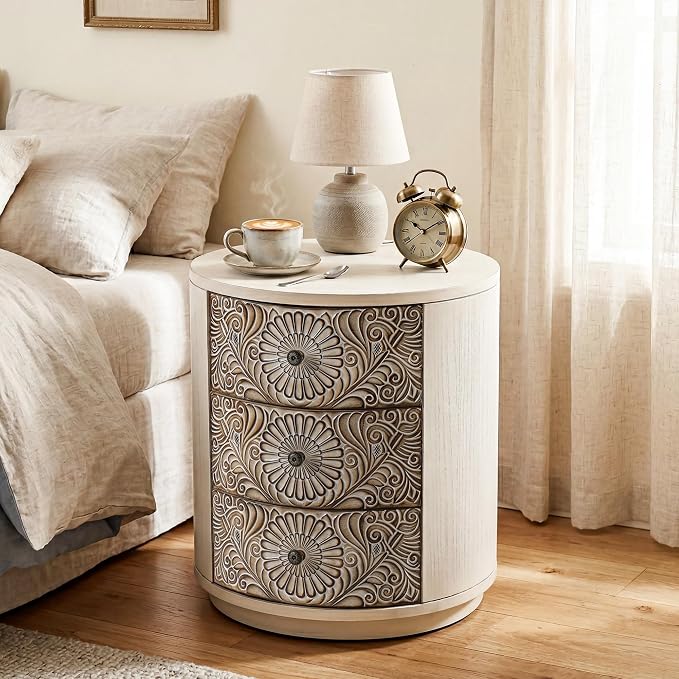 HOMPUS Round End Table with Carved Floral Pattern, Vintage Nightstand w 3 Storage Drawers, Modern 3 Drawer Dresser, Wood Retro Accent End Table for Living Room, Bedroom, Distress White