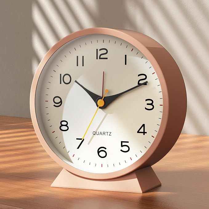 AYRELY® 4.5" Analog Alarm Clock,Small Retro Desk Clock Battery Operated,Slient Metal Table Clock with Light for Living Room Decor,Bedroom,Bedside,Shelf(Light Pink)