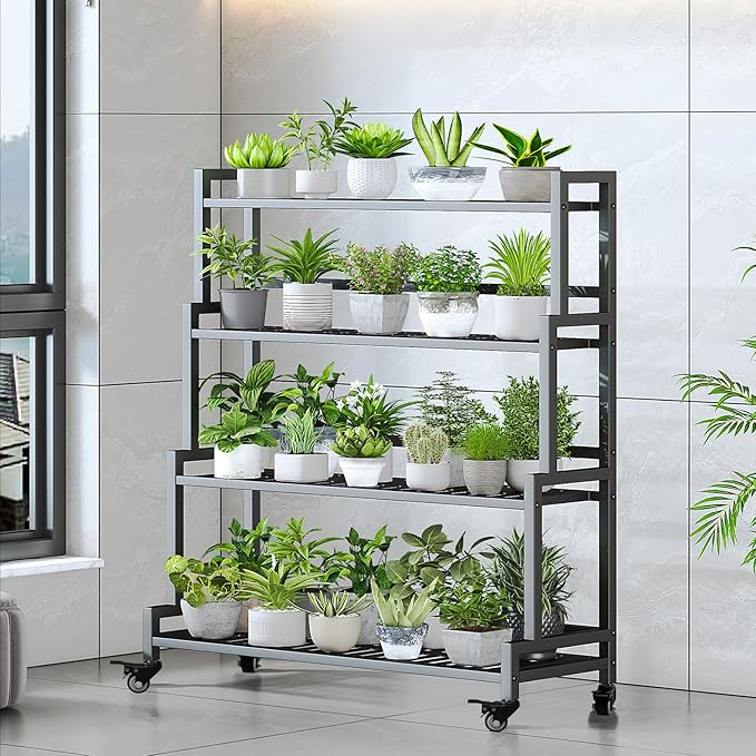 YIZAJIA Plant Stand Indoor 4 Tier Metal Outdoor Tiered Stands Shelf With wheel for Multiple Plants Potted Ladder Plant Holder Table Plant Pot Stand for Window Garden Balcony Living Room